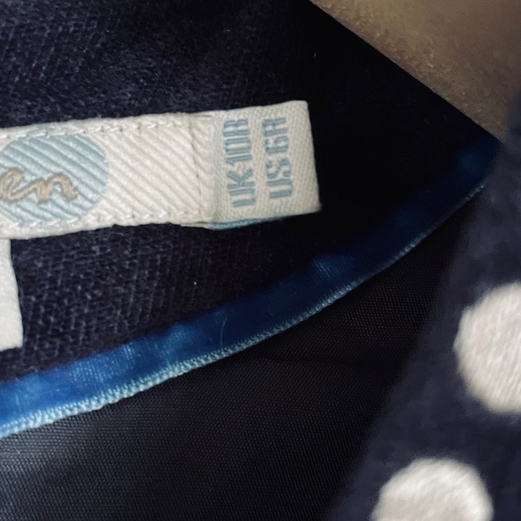 BODEN // navy blue velour velvet fit & flare  mini dress shirt sleeve polka dot - Picture 7 of 12
